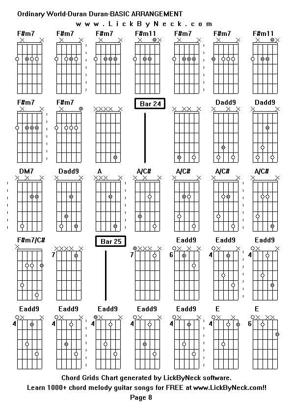 Chord Grids Chart of chord melody fingerstyle guitar song-Ordinary World-Duran Duran-BASIC ARRANGEMENT,generated by LickByNeck software.